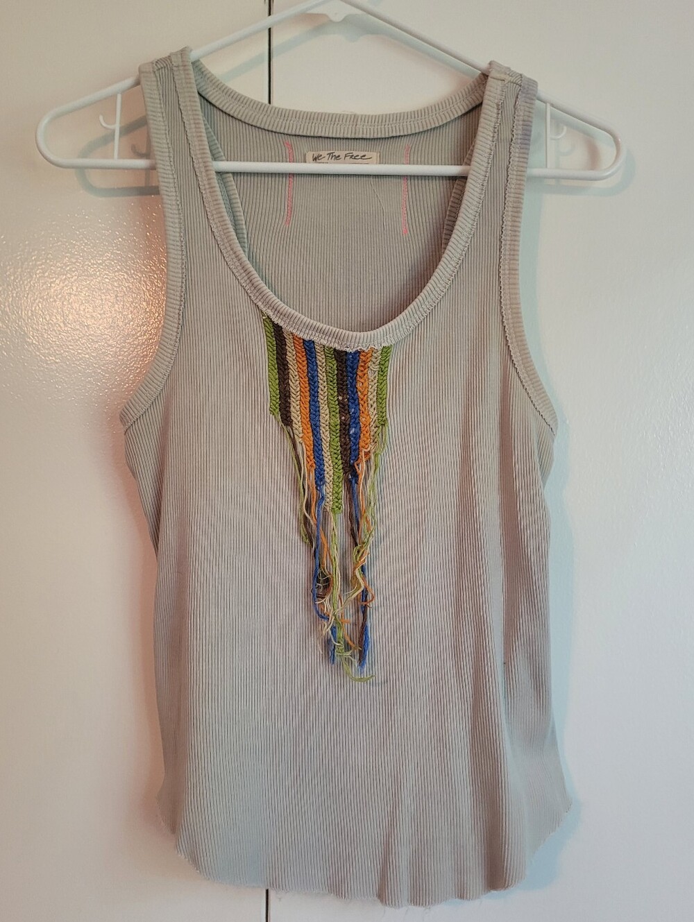 Free People Light Beige Ribbed Tank with Multicolor Fringe Trim